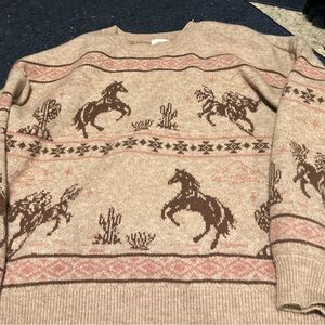 NanaMacs Tan and Brown Horse Pattern Crewneck Sweater